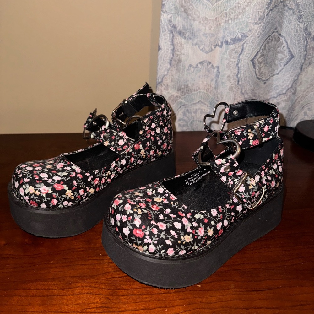 Demonia Black and Pink Floral Heels with Platform Sole